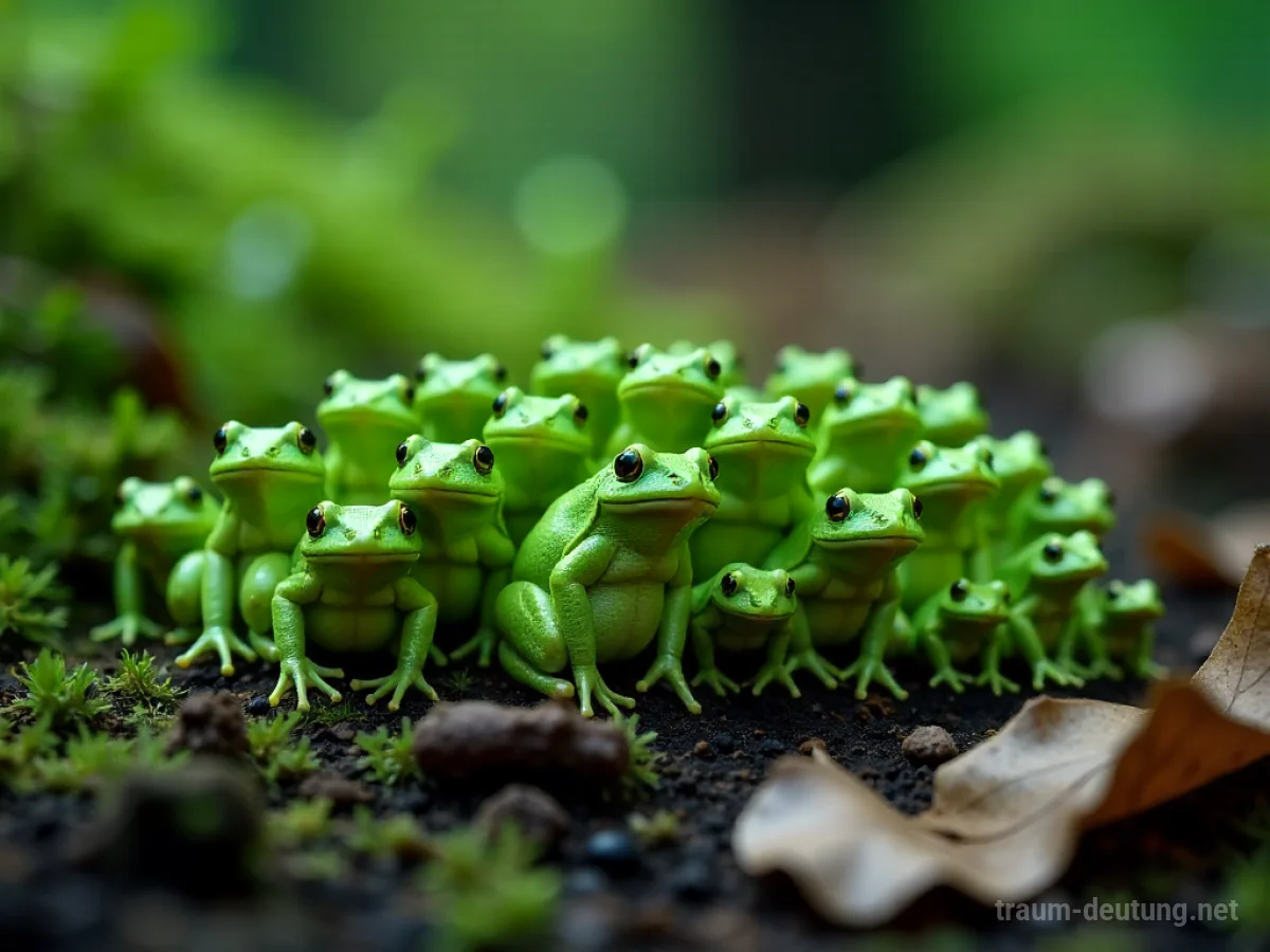 Viele kleine Kröten versammeln sich auf feuchter Erde im Wald.