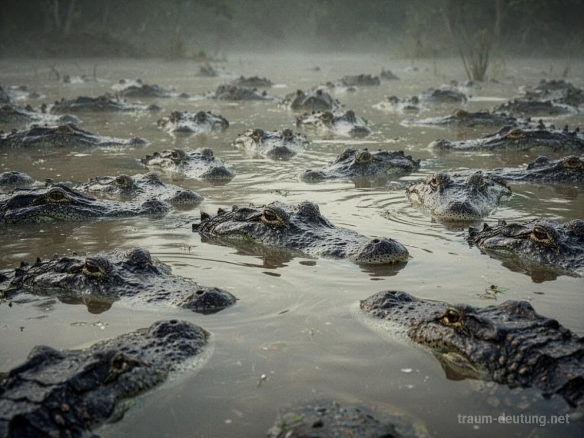 Viele Krokodile im trüben Wasser mit sichtbaren Augen und Schnauzen