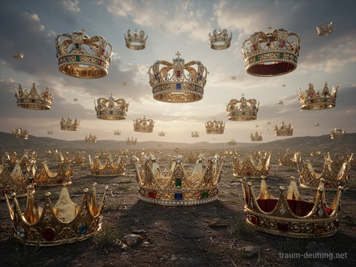 Zahlreiche goldene Kronen in einer unwirklichen Landschaft