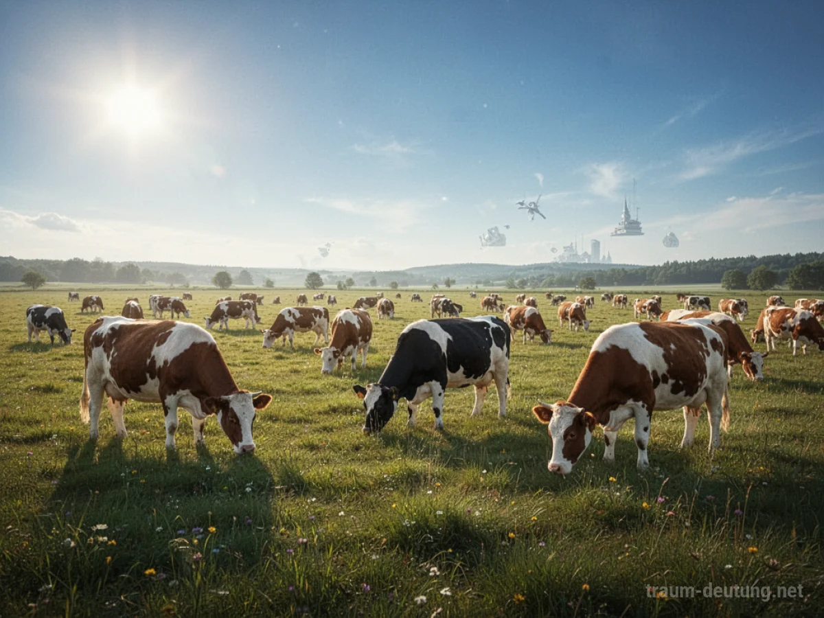 Eine weite grüne Weide mit vielen friedlich grasenden Kühen unter blauem Himmel.