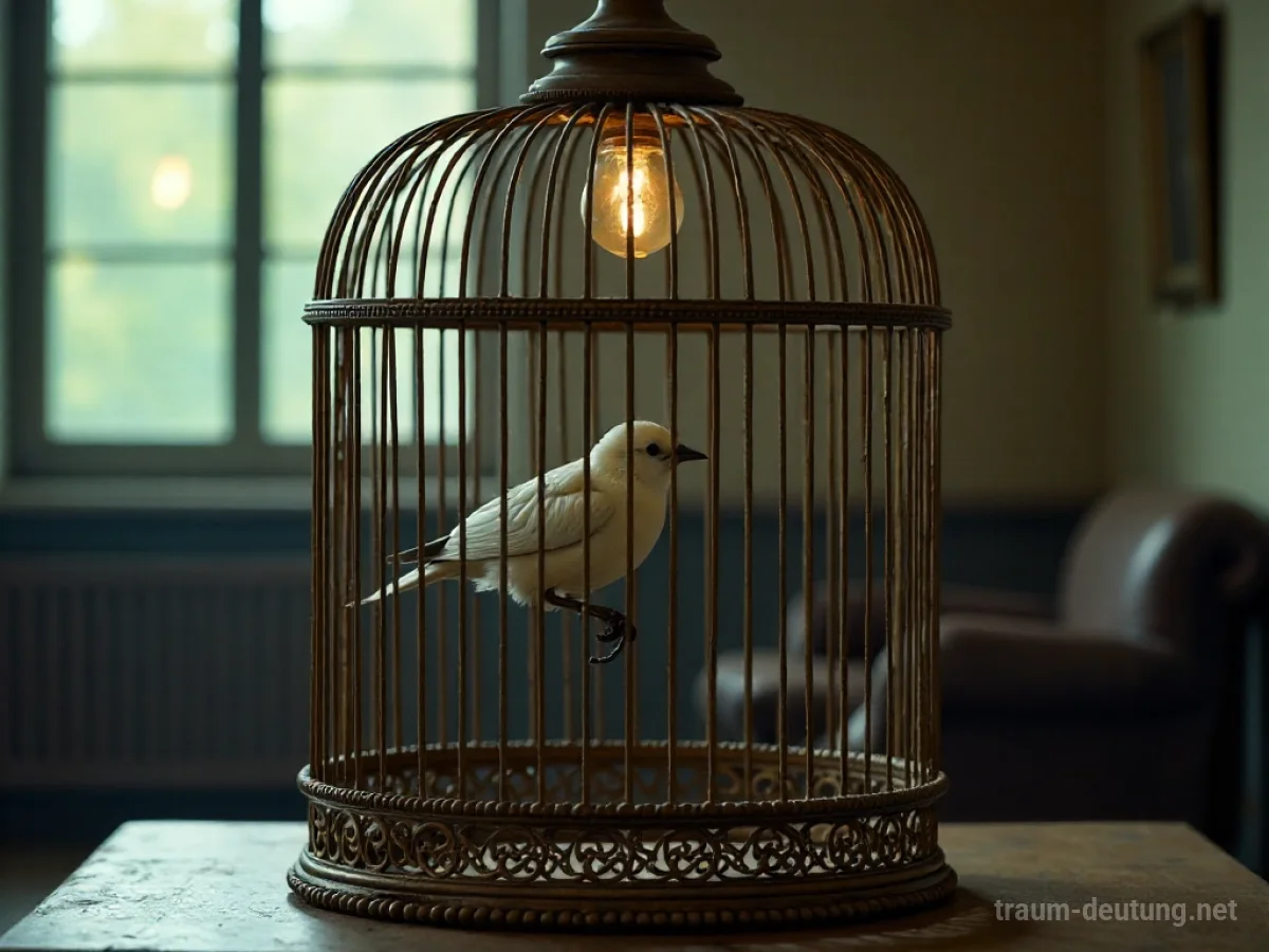 Ein Vogel sitzt in einem offenen Käfig in einem Raum.