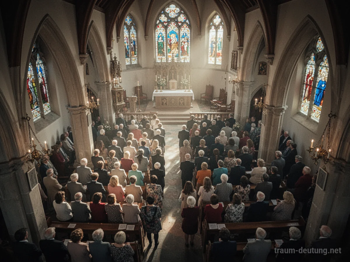 Blick von oben in eine volle Kirche mit vielen Menschen, die dem Altar zugewandt sind.