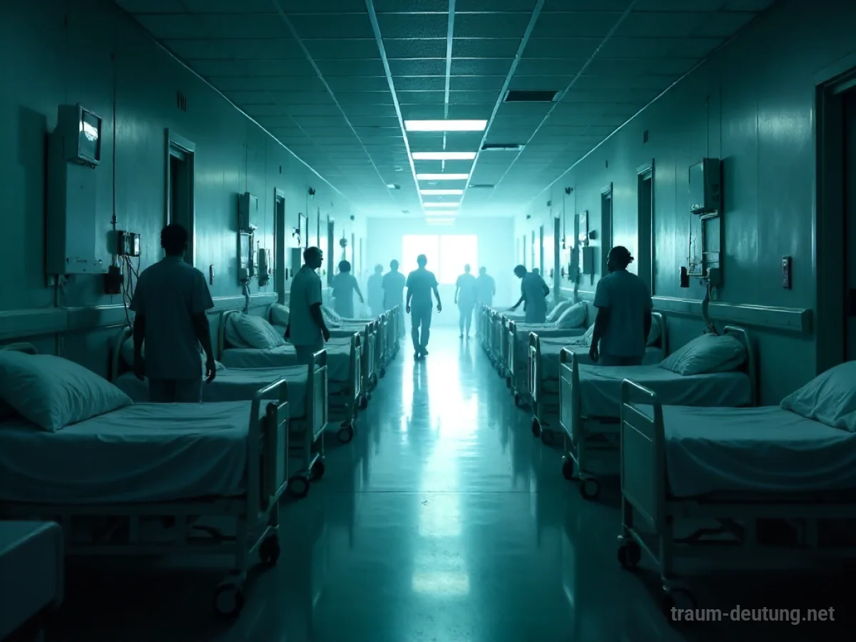 Ein langer Krankenhausflur voller Betten mit schattierten Silhouetten von Menschen.