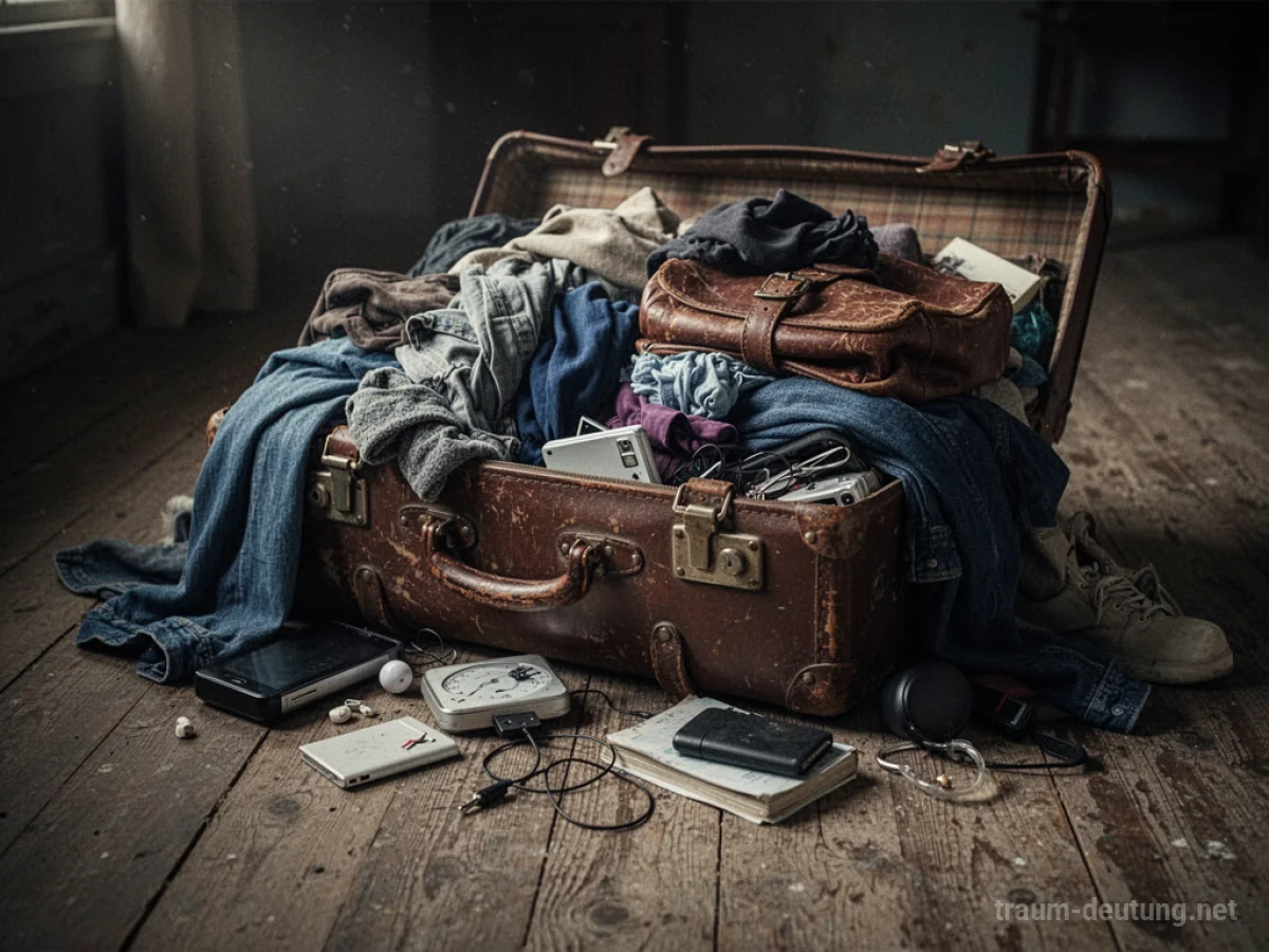 Ein überquellender Koffer mit Kleidung und Gegenständen auf einem Holzboden