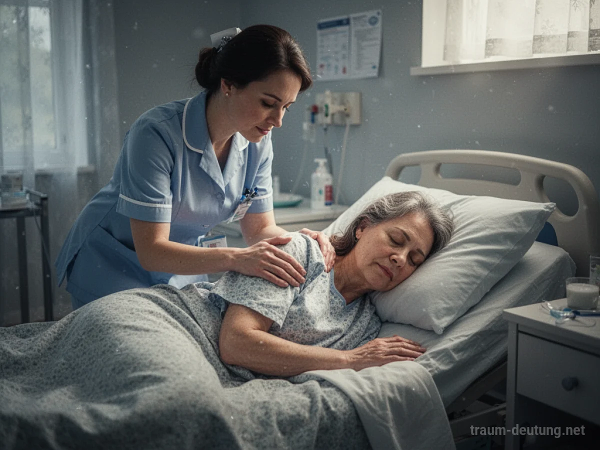 Krankenschwester kümmert sich sanft um einen schlafenden Patienten in einem hellen Raum.