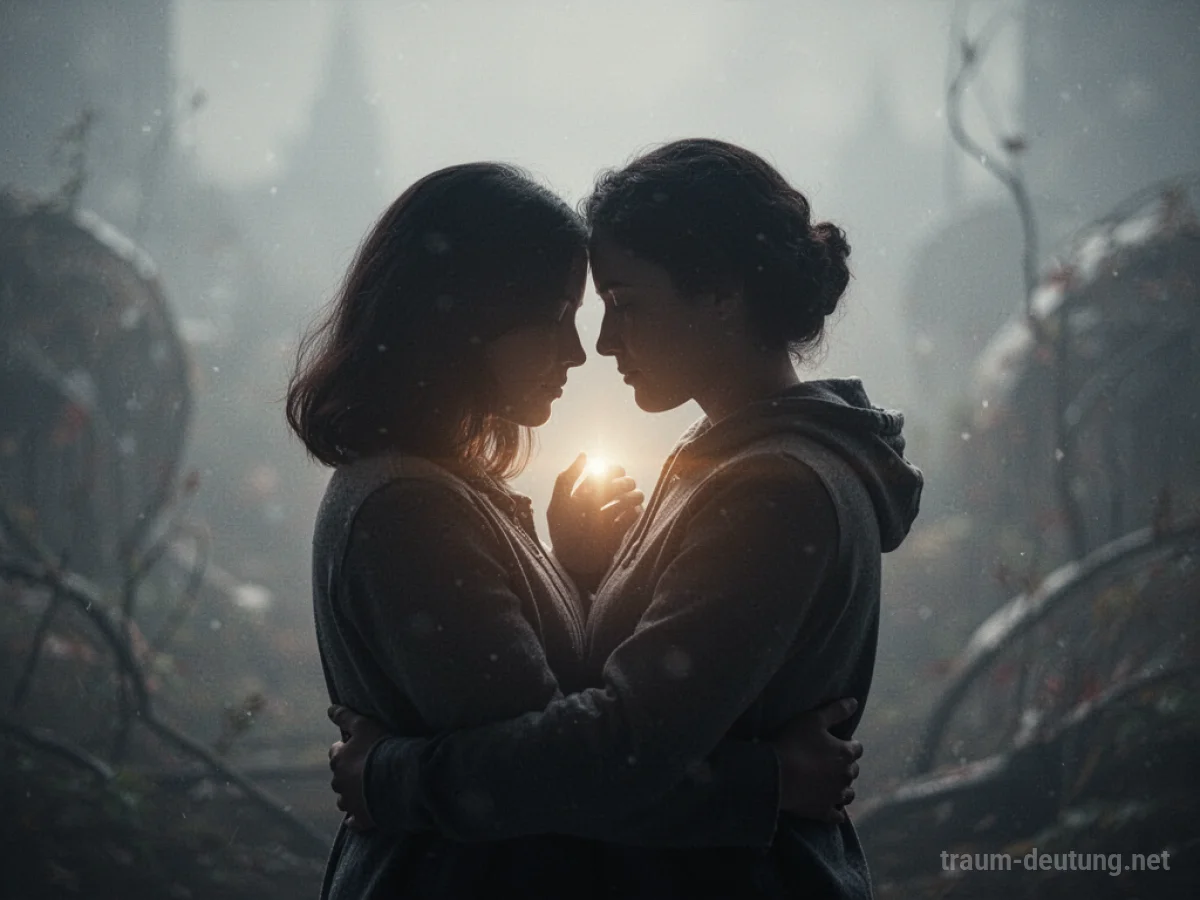 Zwei Silhouetten, die sich in einer traumhaften Atmosphäre umarmen.