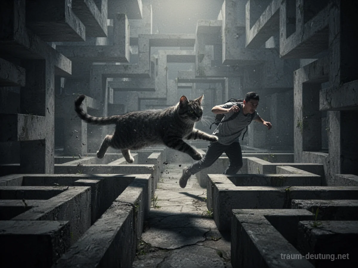 Schattenhafte Katze verfolgt eine Person in einem dunklen Labyrinth.