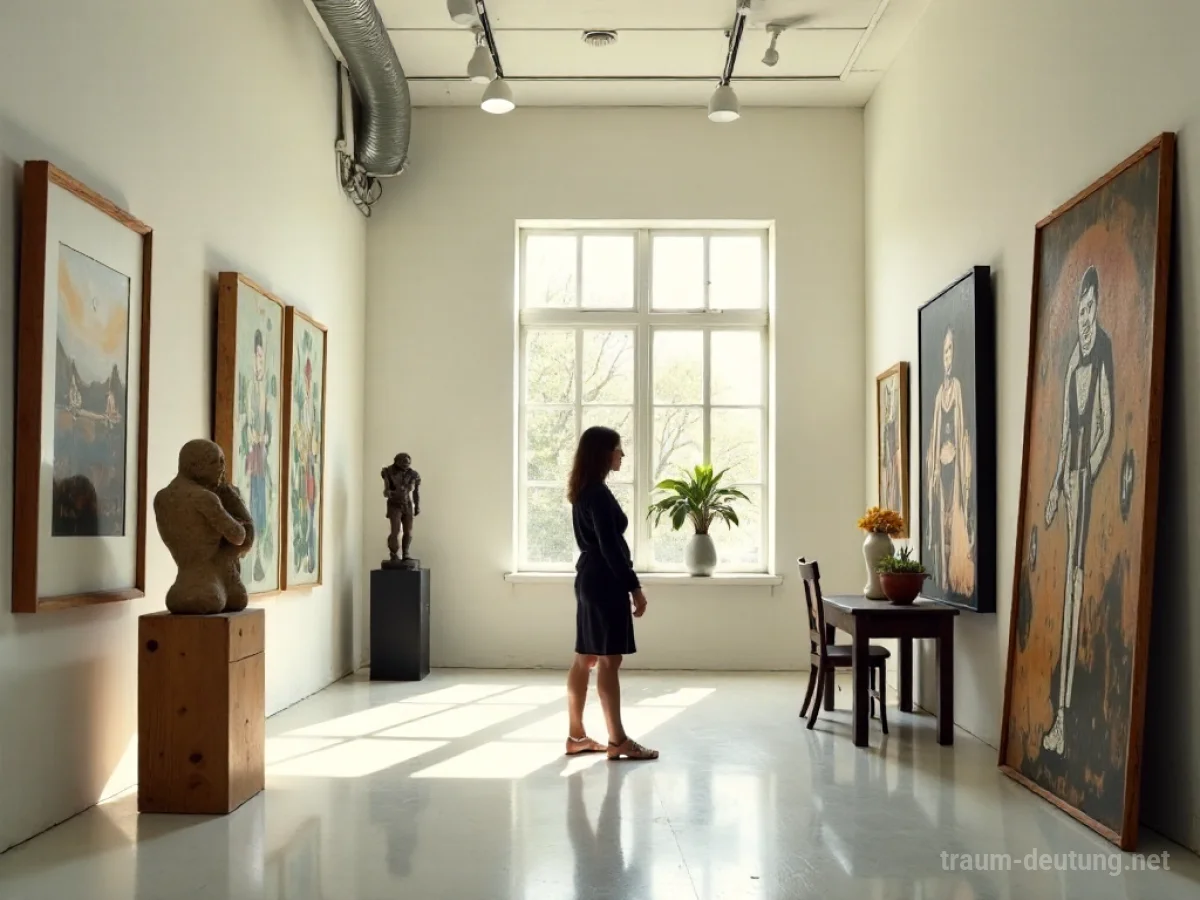 Eine Person steht inmitten einer Vielzahl von Kunstwerken in einer Galerie.