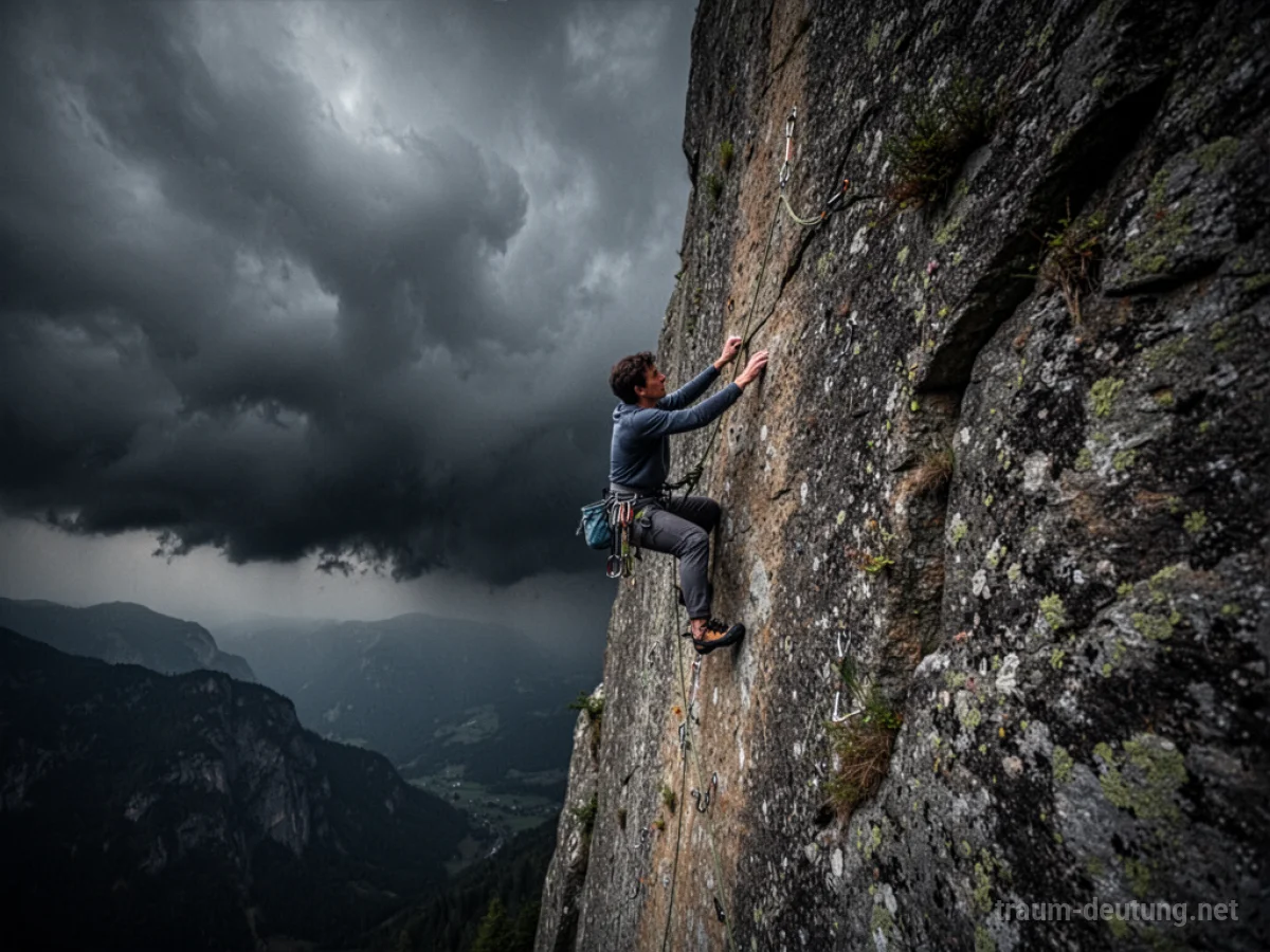Eine Person klettert eine steile Felswand empor, während sich dunkle Wolken am Himmel zusammenbrauen.