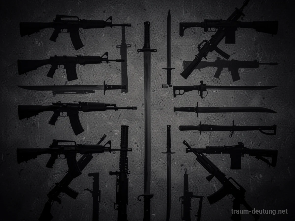 Abstrakte Anordnung von Waffen-Silhouetten auf dunklem Hintergrund