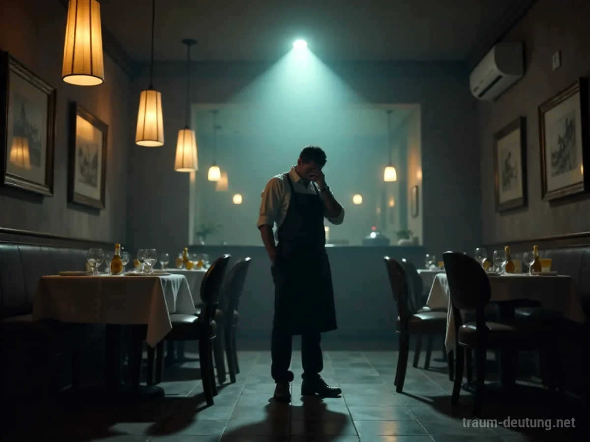 Weinender Kellner steht allein in einem leeren Restaurant.