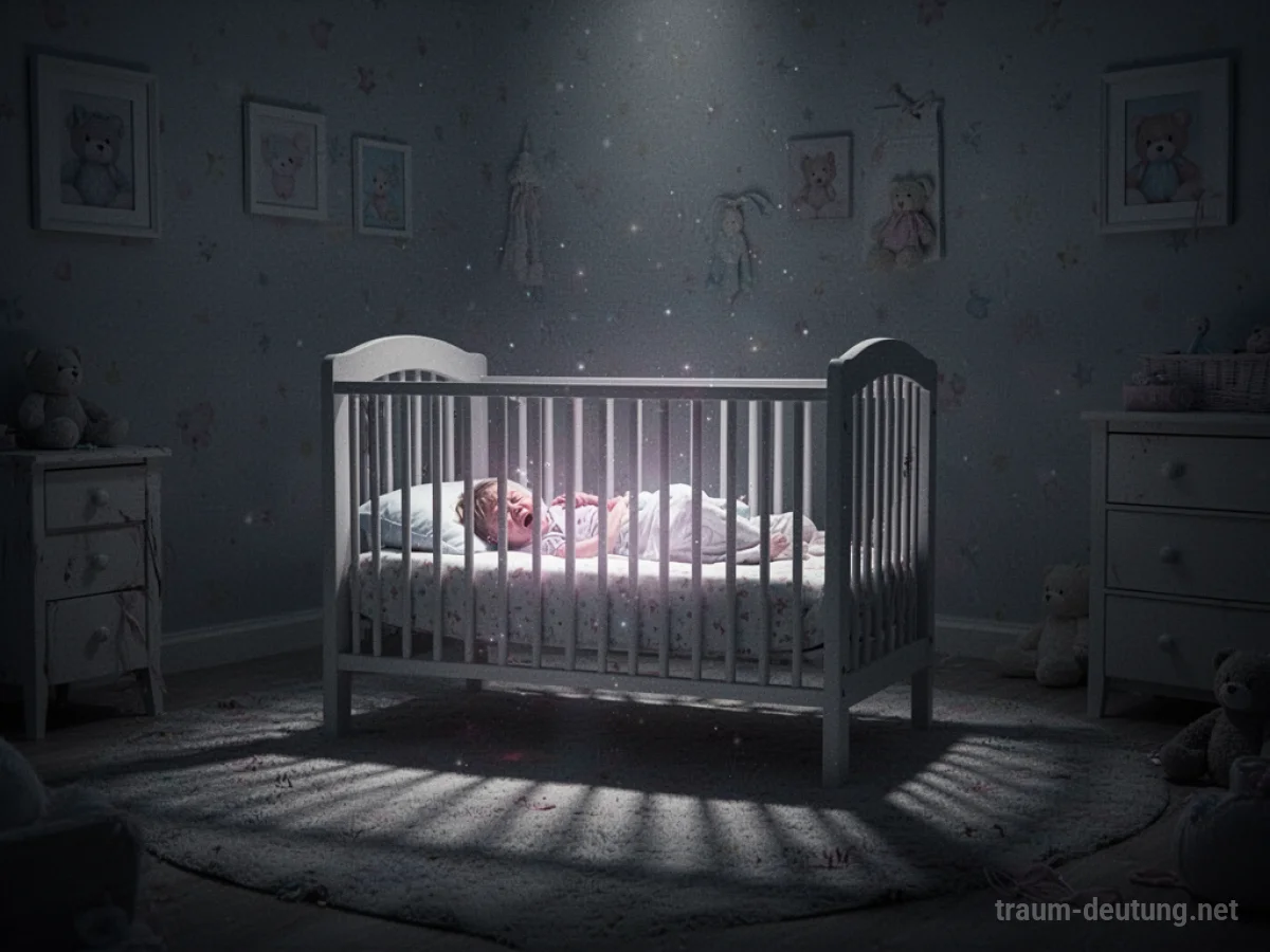 Dunkel gehaltenes Kinderzimmer mit einem einzelnen Bettchen und Schatten.