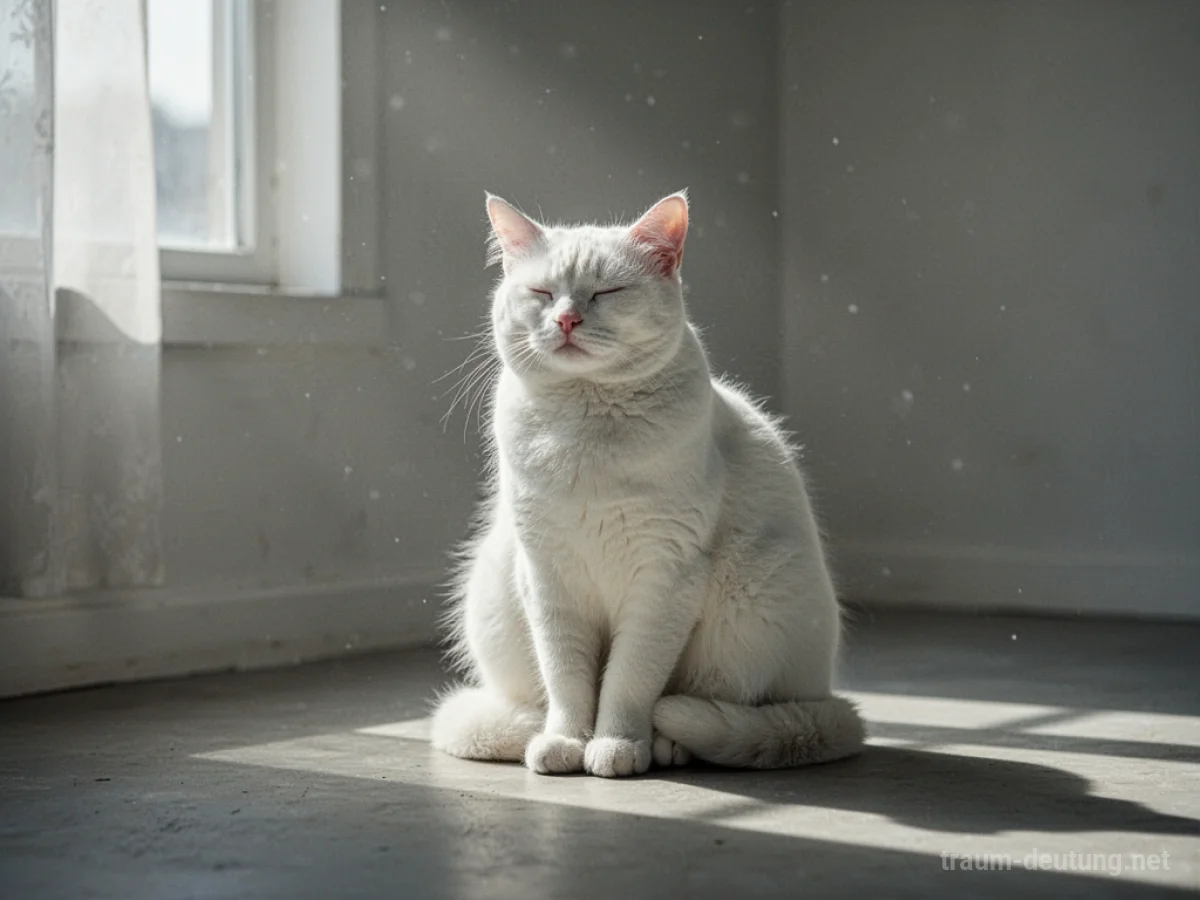 Eine weiße Katze sitzt ruhig in einem hellen Raum.