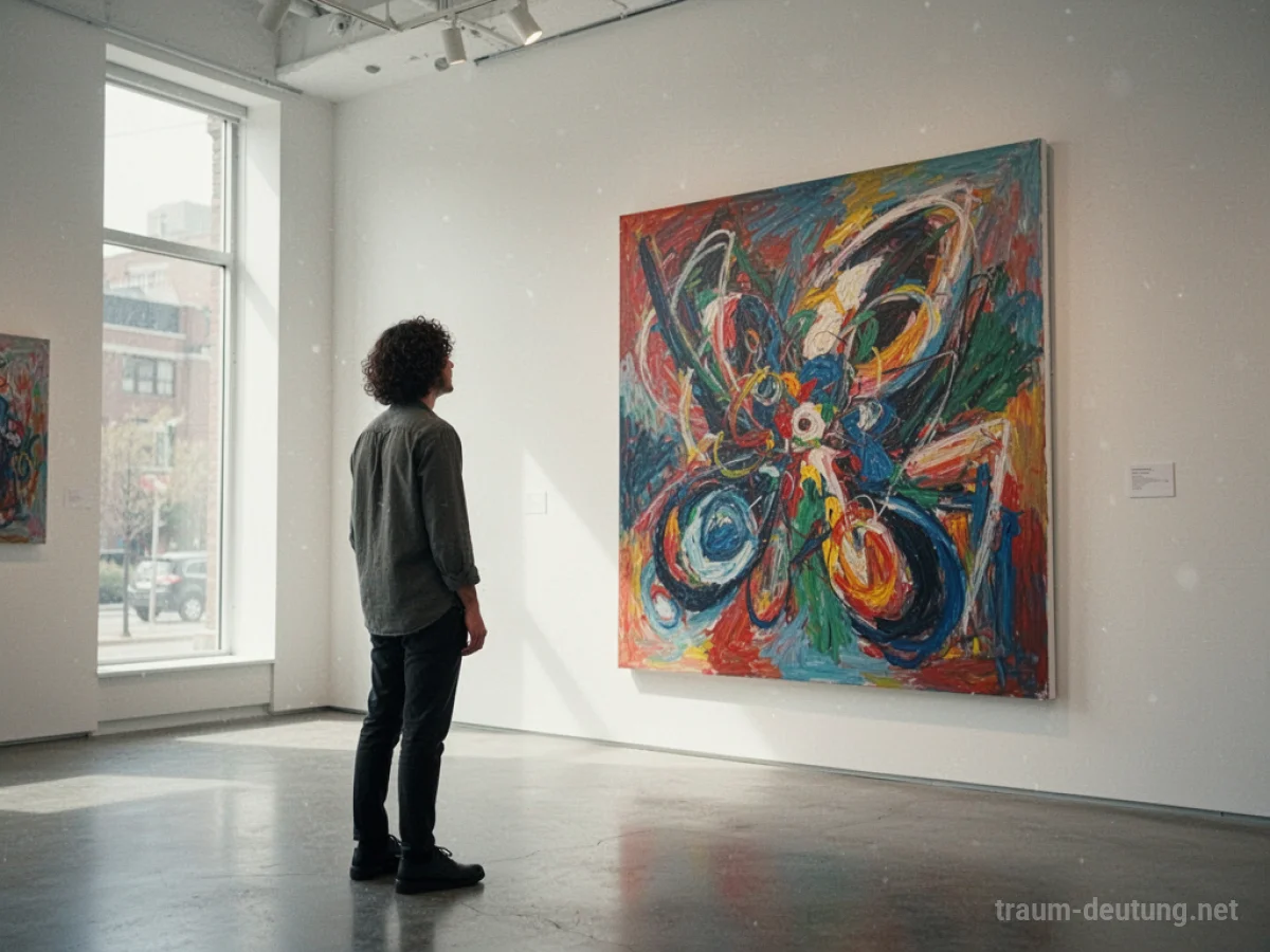 Person betrachtet ein lebendiges, abstraktes Kunstwerk in einer hellen Galerie.