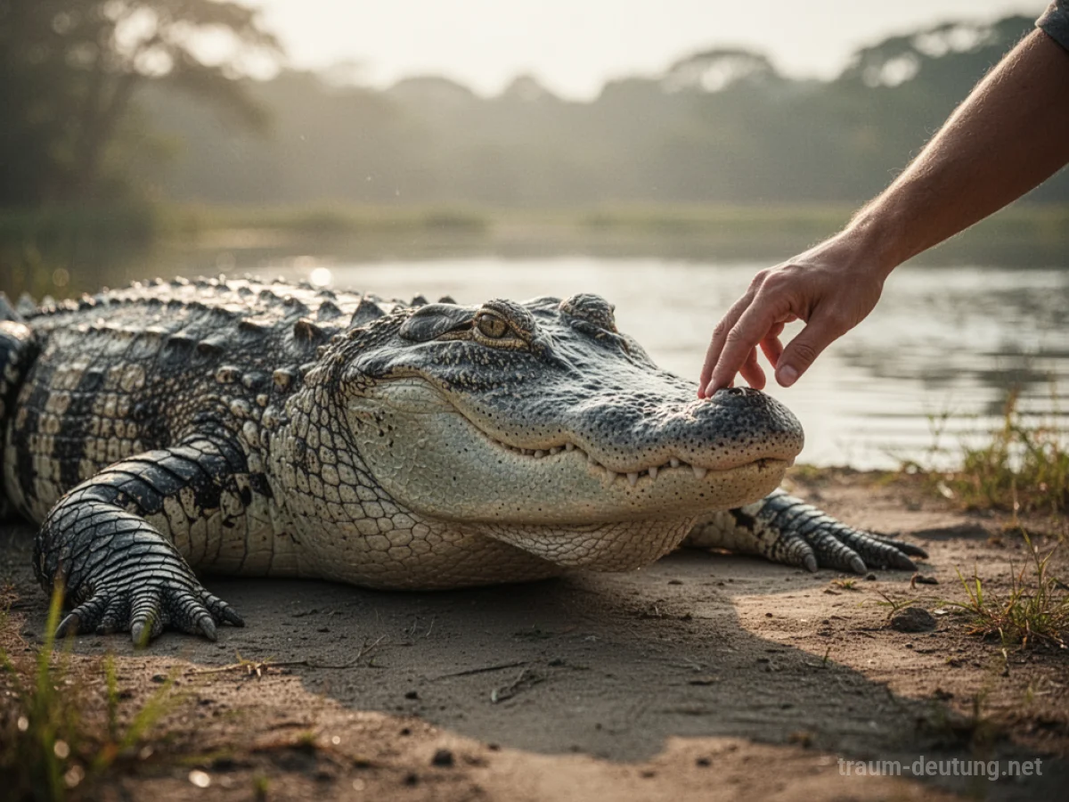 Ein zähmendes Krokodil liegt friedlich da, während eine Hand es sanft berührt.