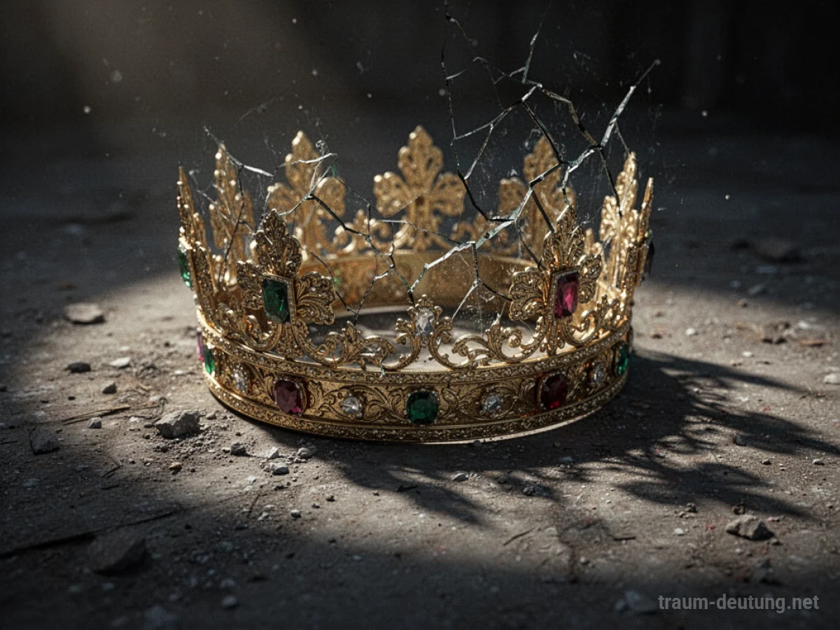 Eine zerbrochene goldene Krone liegt auf staubigem Boden.