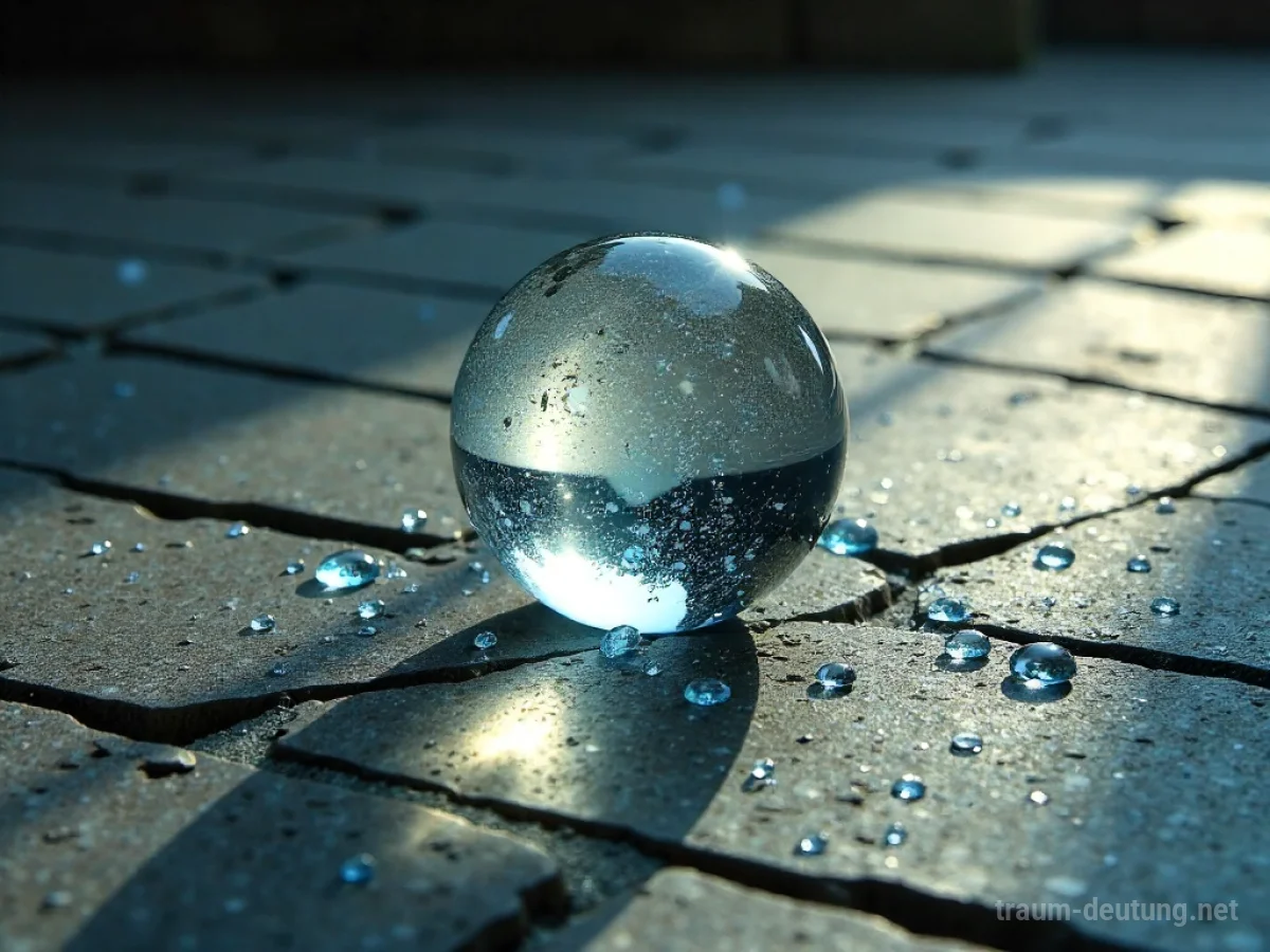 Zerbrochene Glaskugel auf rissigem Steinboden mit Lichtstrahlen.
