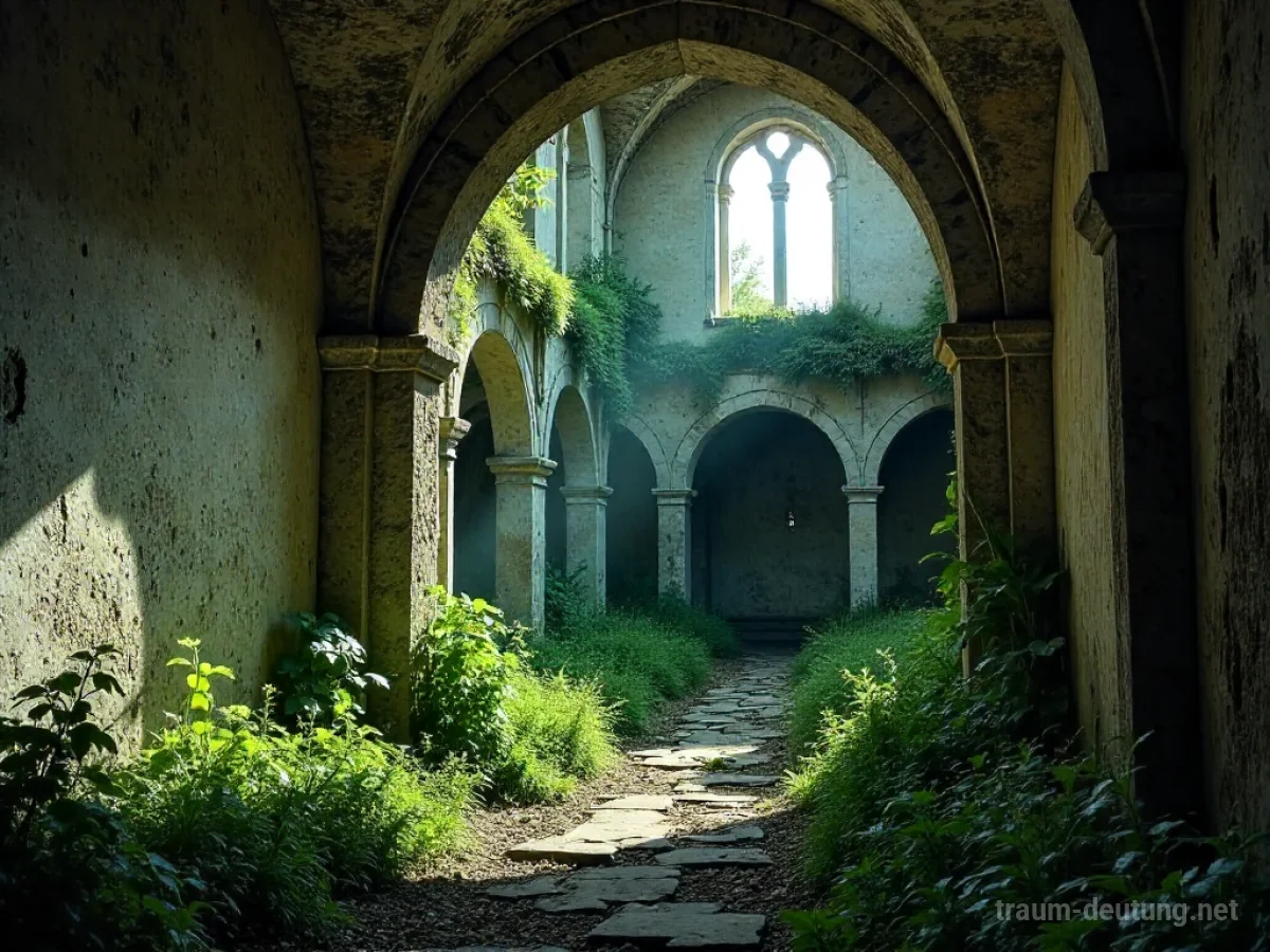 Ein verfallenes Kloster mit zerfallenen Mauern und überwucherter Vegetation im sanften Licht.