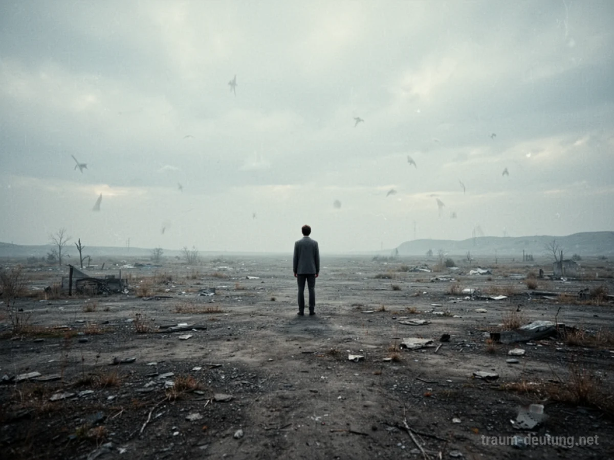Eine Person steht allein in einer riesigen, leeren Landschaft.