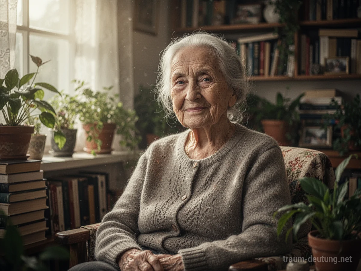 Eine alte Frau mit weisen Augen und einem Lächeln sitzt in einem sonnigen Raum.