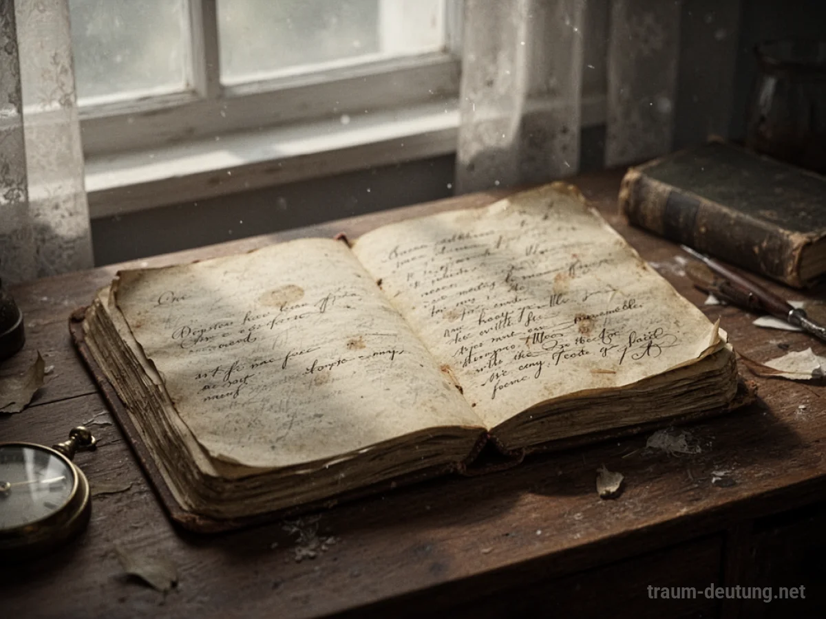 Ein altes, geöffnetes Tagebuch mit vergilbten Seiten und verblasster Schrift.