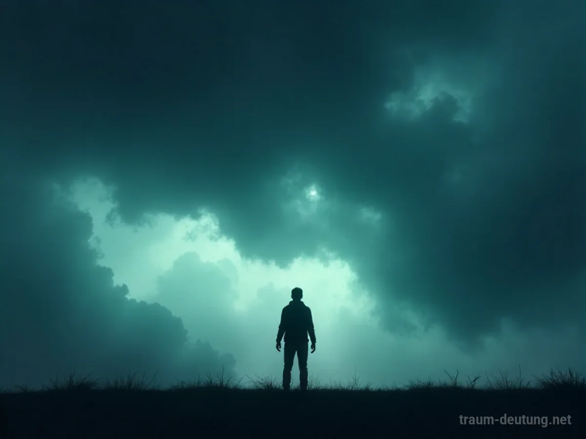 Silhouetten einer Person in dunklen, wirbelnden Wolken