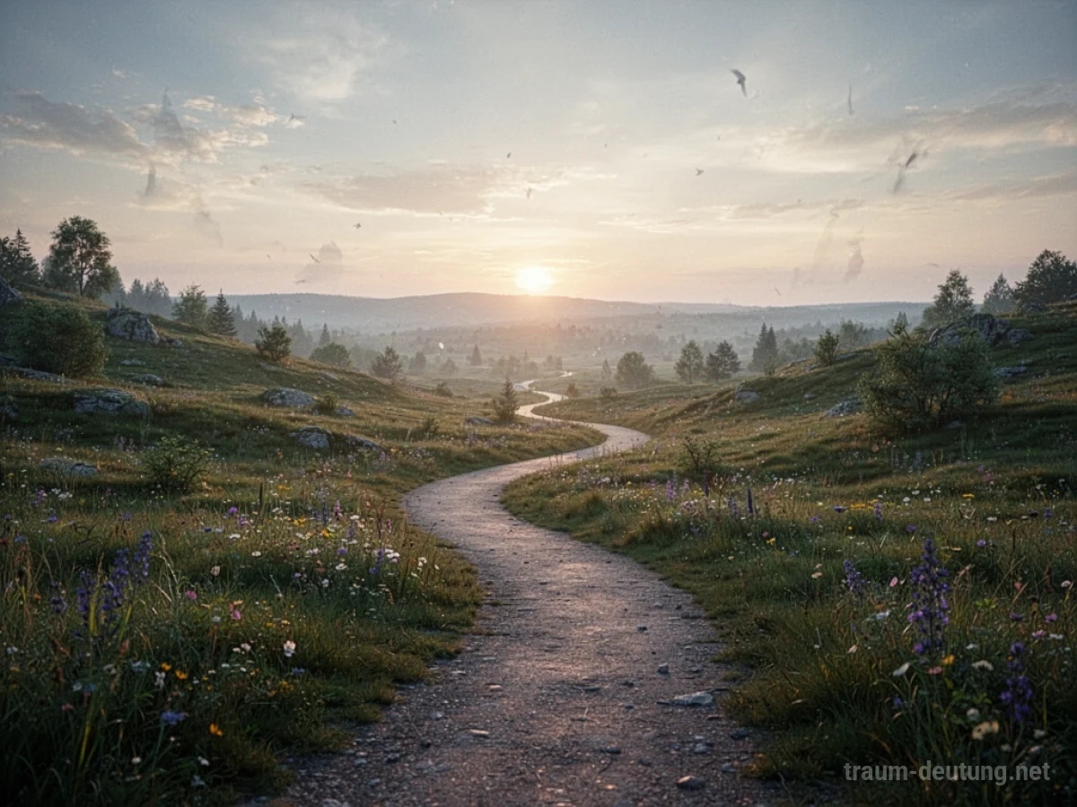 Ein gewundener Pfad führt durch eine ruhige Landschaft zu einem hellen Horizont.