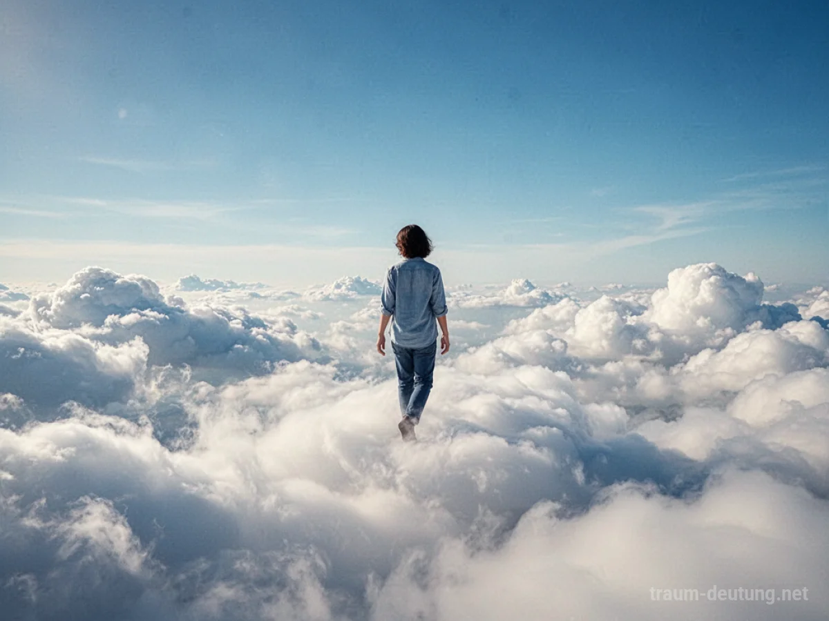 Eine Person läuft barfuß auf weichen, weißen Wolken unter einem strahlend blauen Himmel.