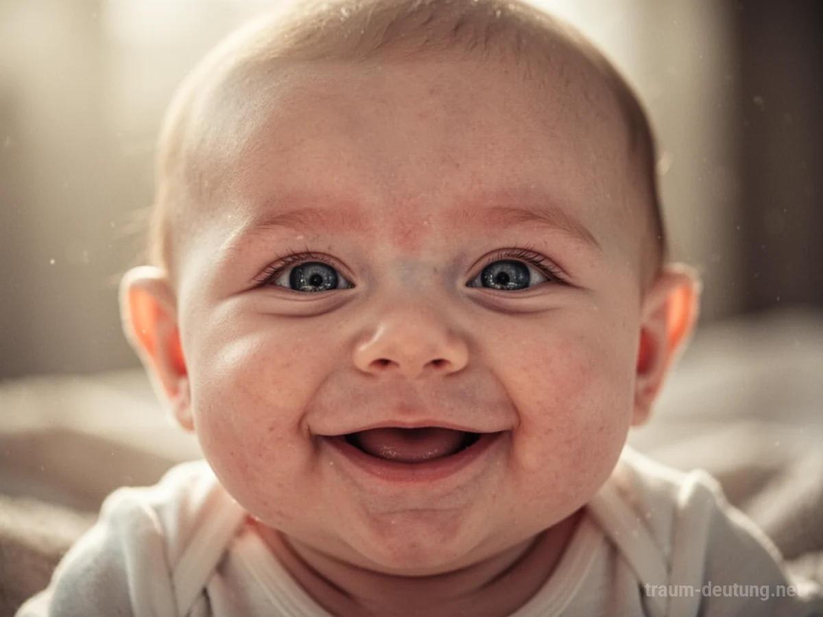 Ein lächelndes Baby blickt direkt aus dem Bild, umgeben von sanftem Licht.