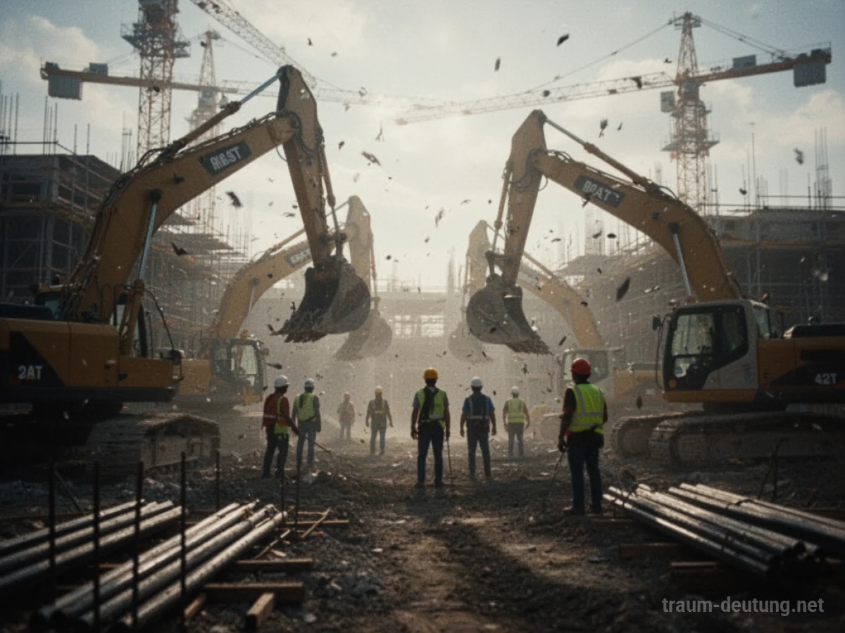 Silhouette von Bauarbeitern auf einer Baustelle mit lärmenden Maschinen