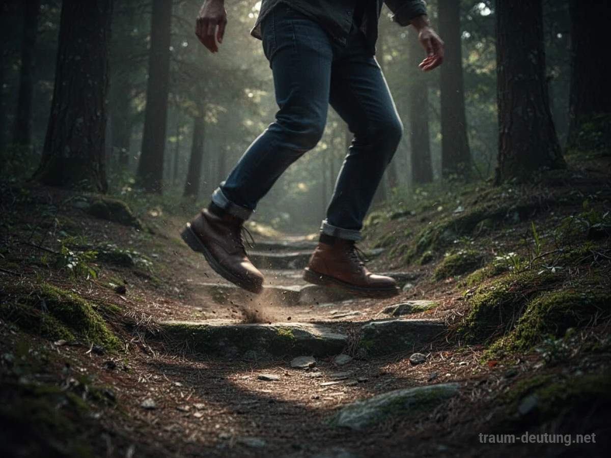 Jemand stolpert beim Laufen auf einem unebenen Weg im Wald.