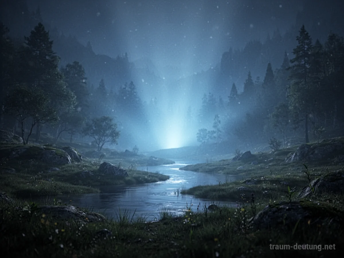 Ein sanftes blaues Licht erhellt eine dunkle, ruhige Landschaft.