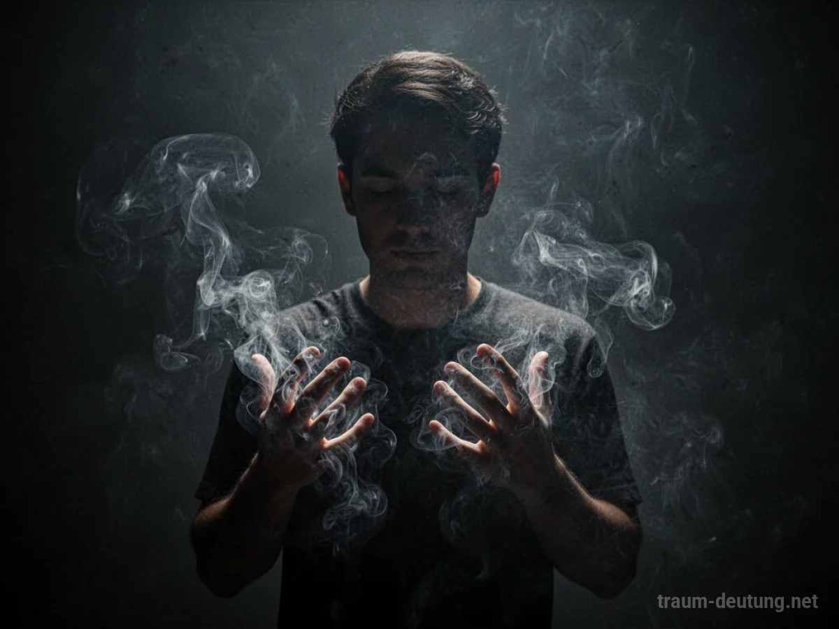 Eine Person verschwindet langsam im Nebel, Hände gleiten durch Rauch.