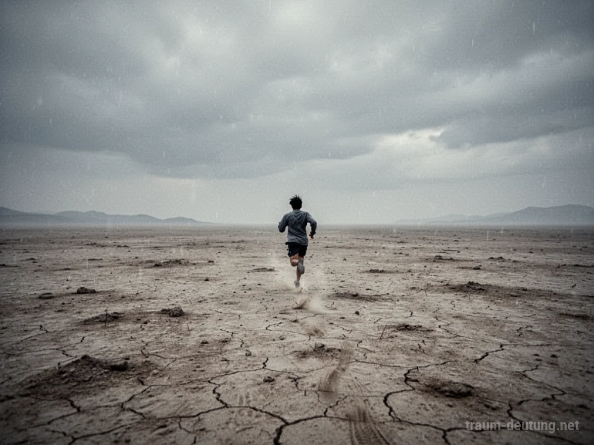 Eine Person rennt durch eine weite, verlassene Landschaft.