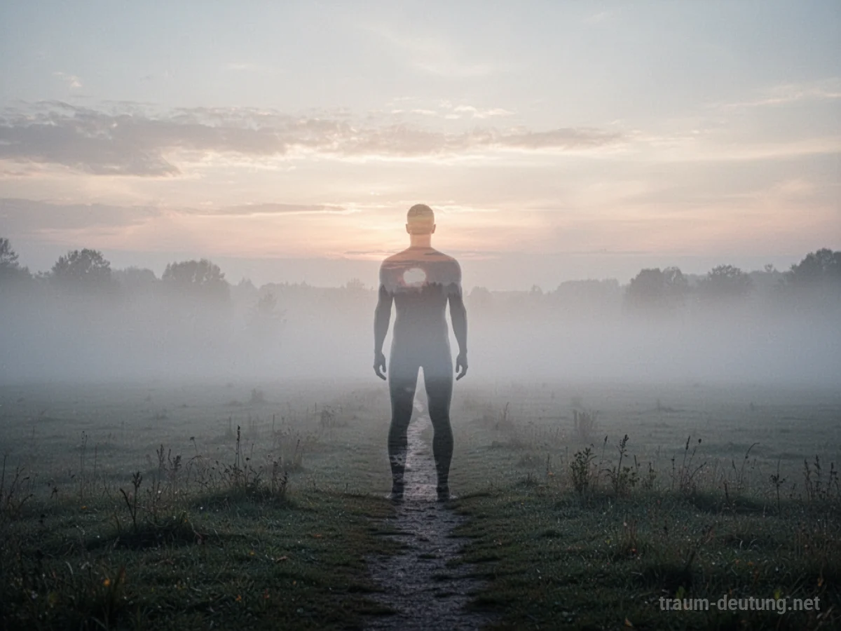 Sich auflösende Silhouette eines Menschen am Rand einer nebeligen Landschaft im Morgengrauen