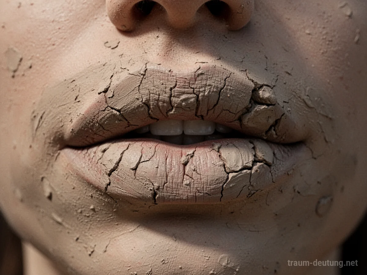 Verzerrte, rissige Lippen im Fokus, symbolisch für gestörten Selbstausdruck.