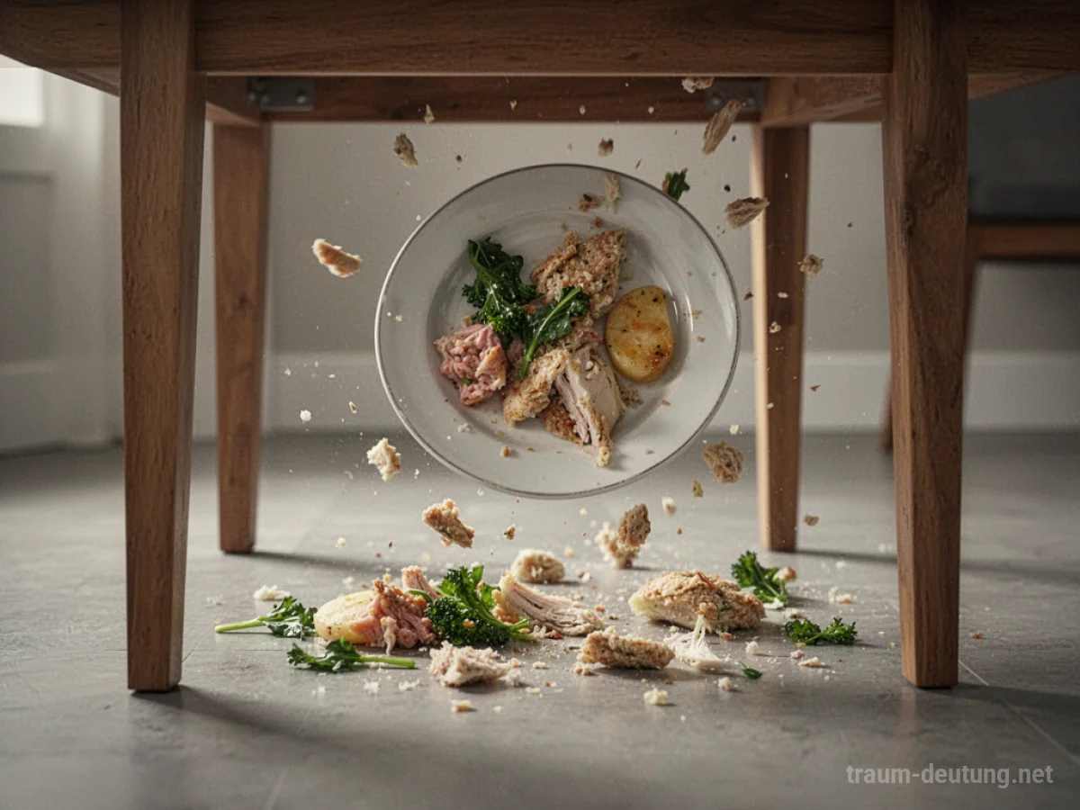 Ein Teller mit Essen fällt vom Tisch und verteilt sich auf dem Boden.