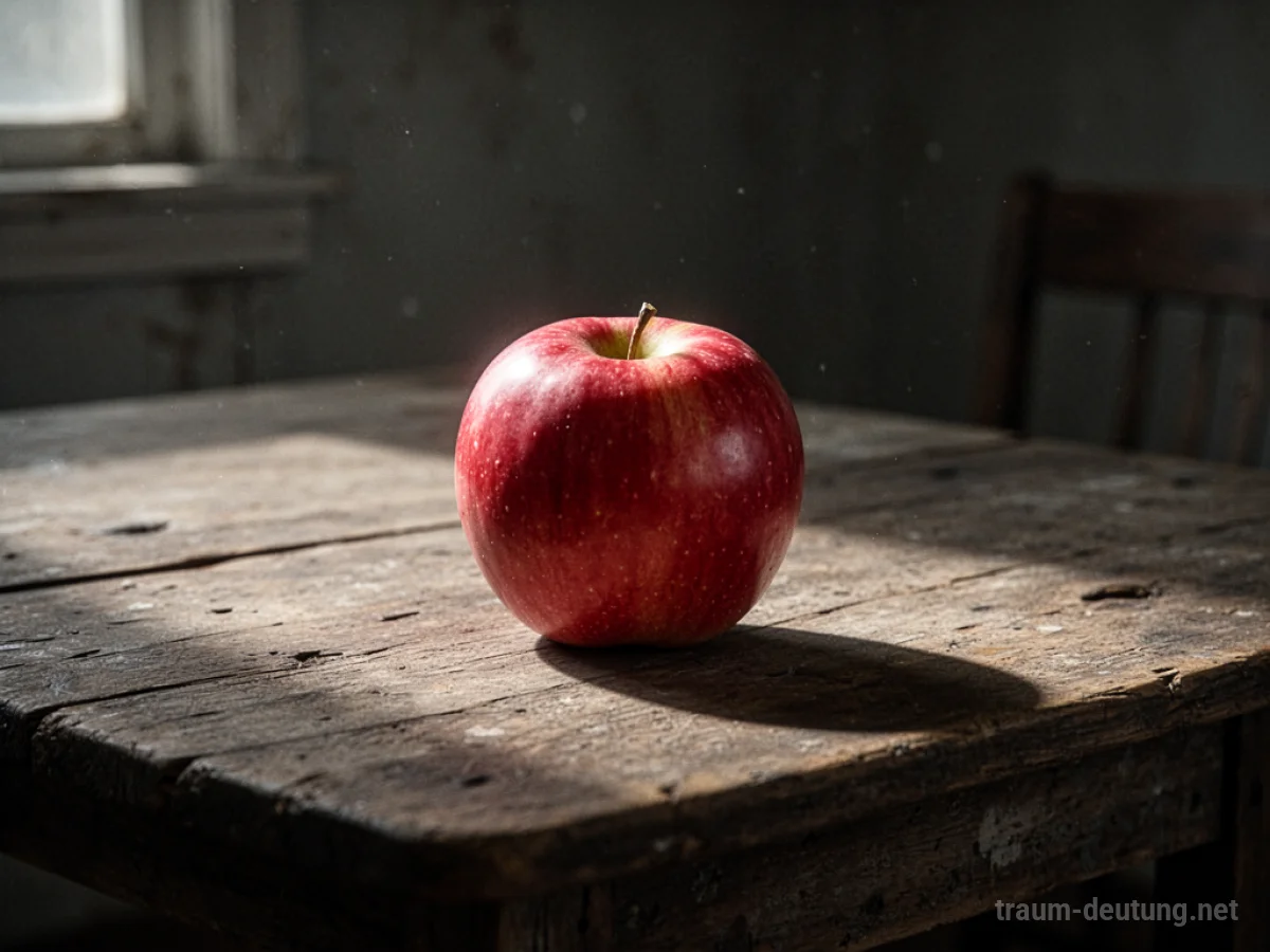 Ein einzelner Apfel liegt auf einem Holztisch.