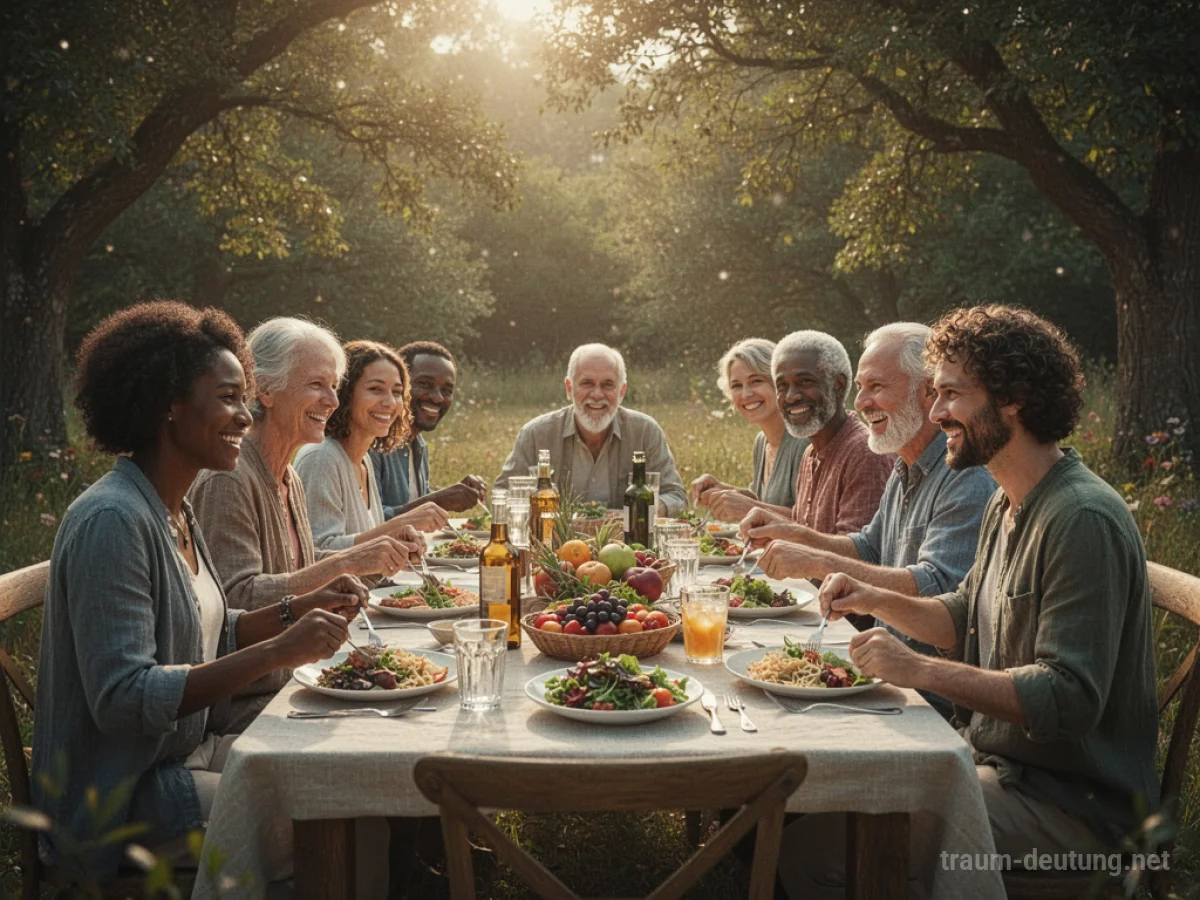 Menschen teilen gemeinsam eine Mahlzeit an einem Tisch im Freien.