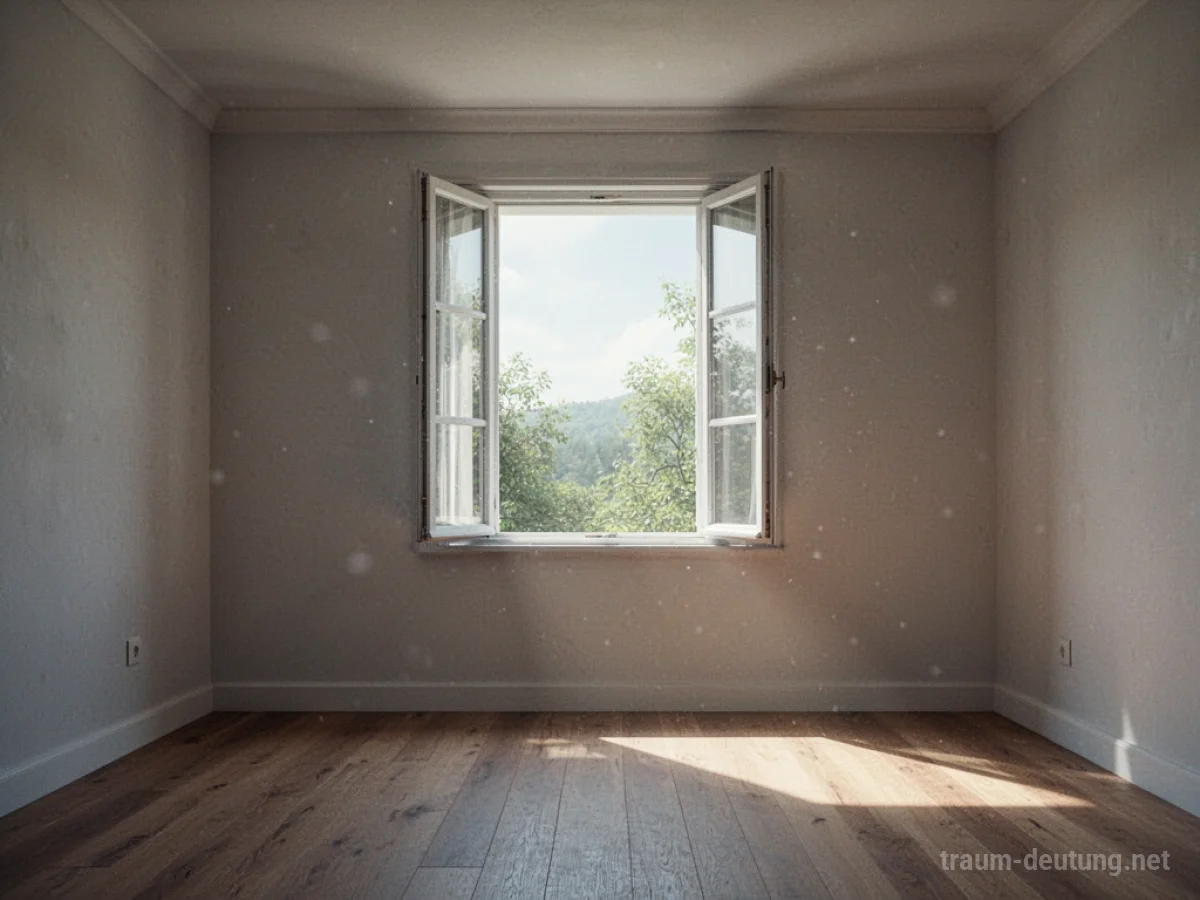 Leeres Zimmer mit offenem Fenster und hereinfallendem Sonnenlicht