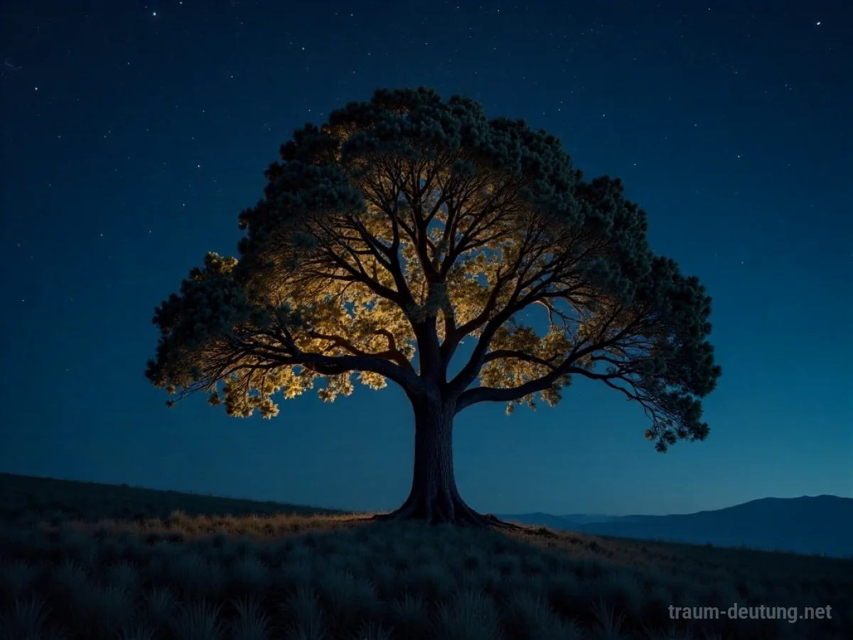 Ein einsamer Baum mit leuchtenden Blättern unter einem Sternenhimmel.