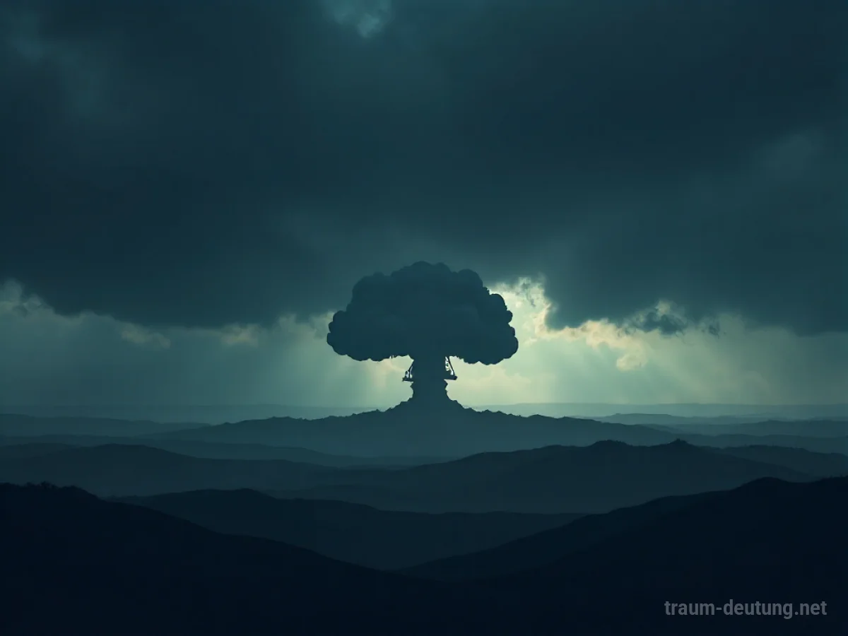 Dunkler Himmel mit einer stilisierten Silhouette einer Pilzwolke am Horizont
