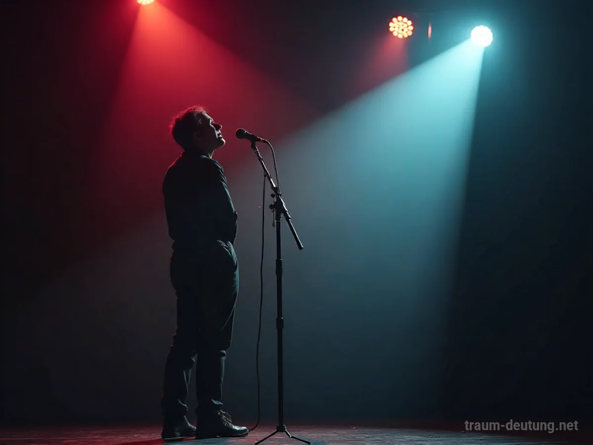 Eine Person singt unsicher auf einer Bühne im Scheinwerferlicht.
