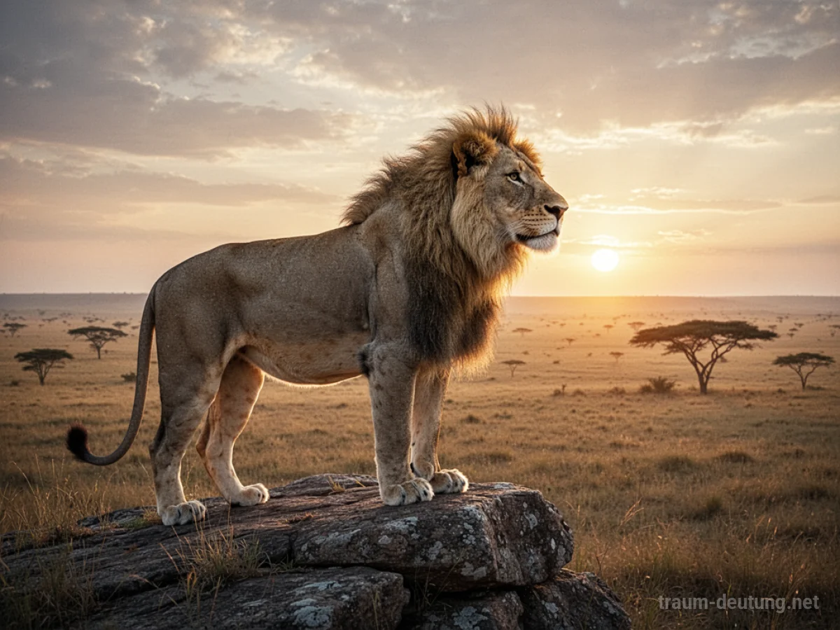 Ein majestätischer Löwe steht auf einem Felsen und blickt über die Savanne bei Sonnenaufgang.