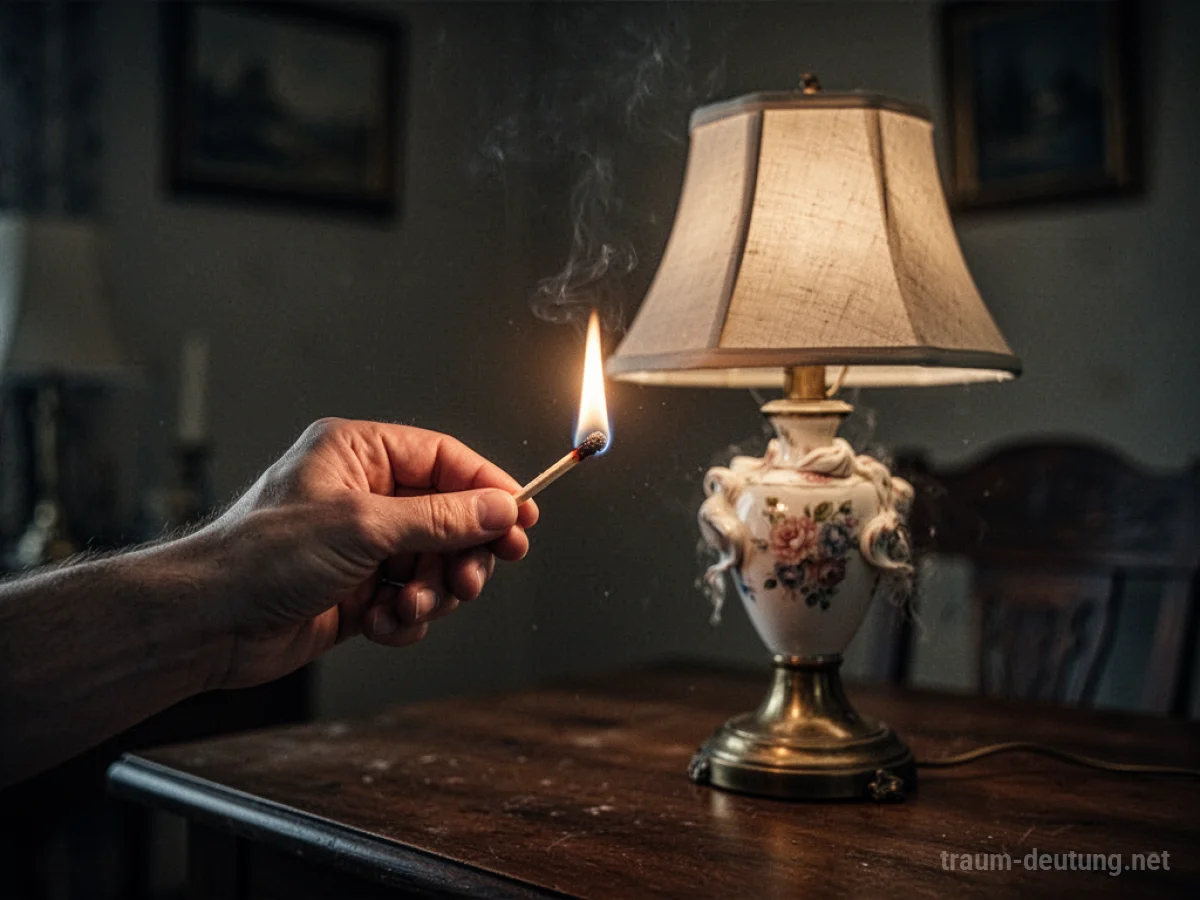 Eine Hand hält ein brennendes Streichholz, um eine fremde Lampe in einem dunklen Raum anzuzünden.