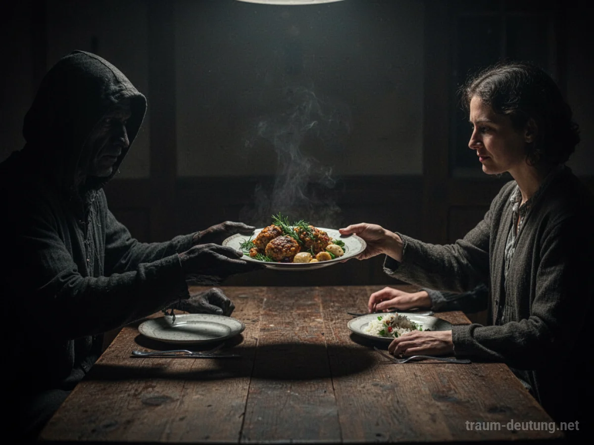 Schattenhafte Figur reicht Teller mit Essen über einen Tisch.