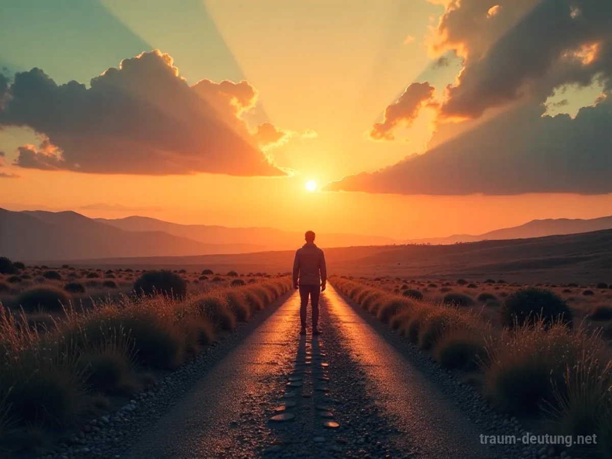 Figur steht an einer Weggabelung und blickt auf eine unbekannte Landschaft bei Sonnenaufgang.