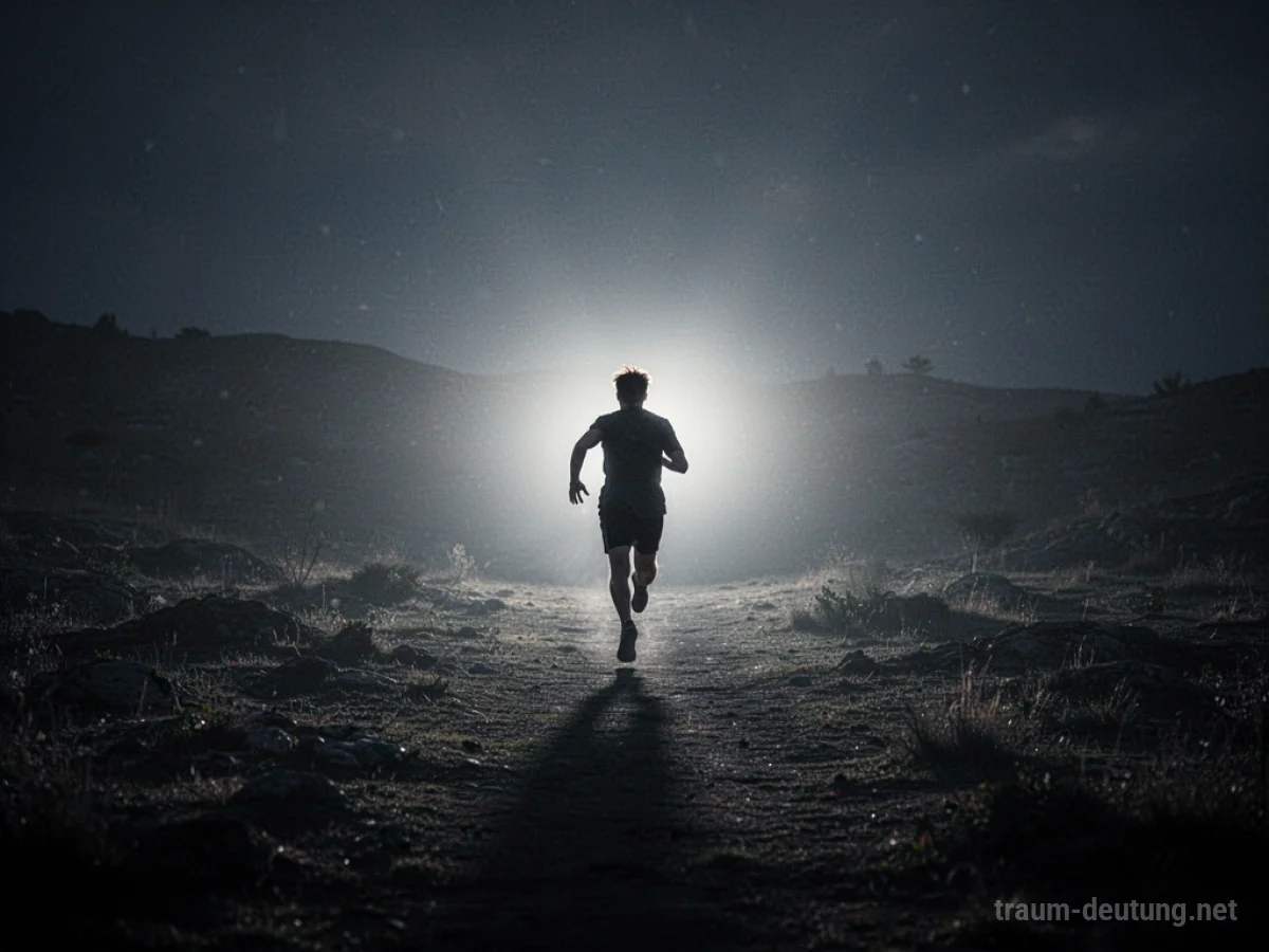 Silhouetten einer Person, die vor einem unheimlichen Licht davonläuft.