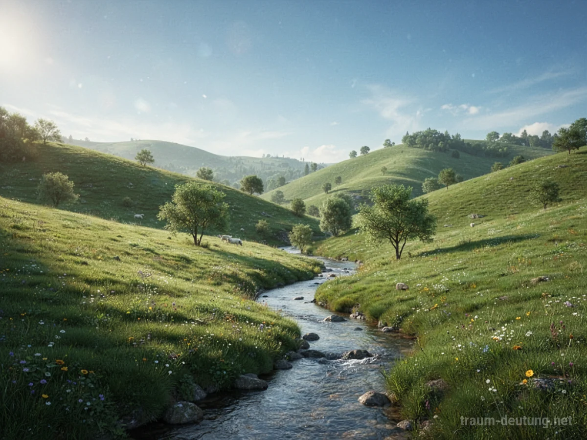 Friedliche grüne Landschaft mit sanften Hügeln und klarem Himmel