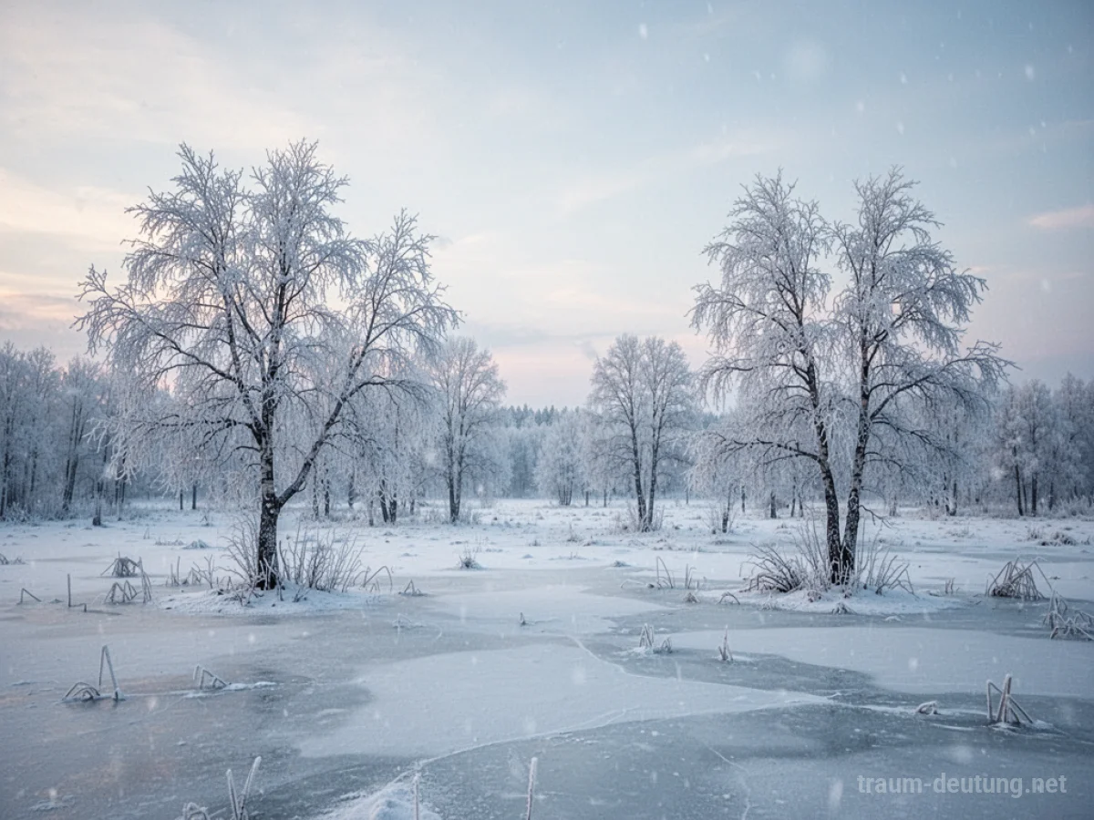 Eine weitläufige, gefrorene Landschaft unter einem blassen Winterhimmel mit kahlen, eisbedeckten Bäumen.